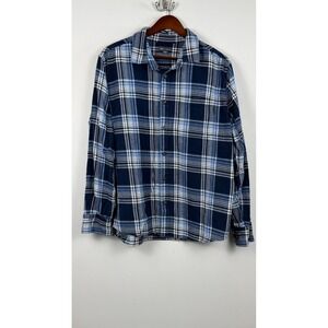 Eddie Bauer Mens XL Flannel Shirt Navy Blue White Plaid Long Sleeve Button Down